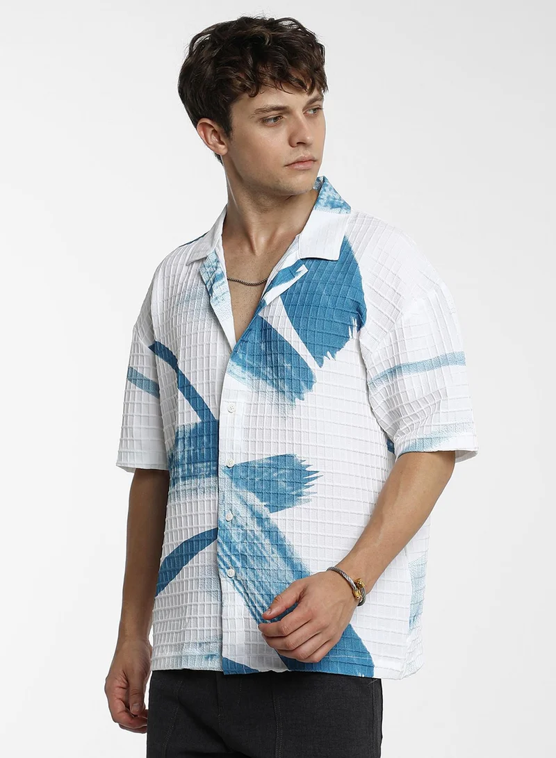 Campus Sutra Men's Sky Blue Chalk White Stroked Waffle Oversized Shirt