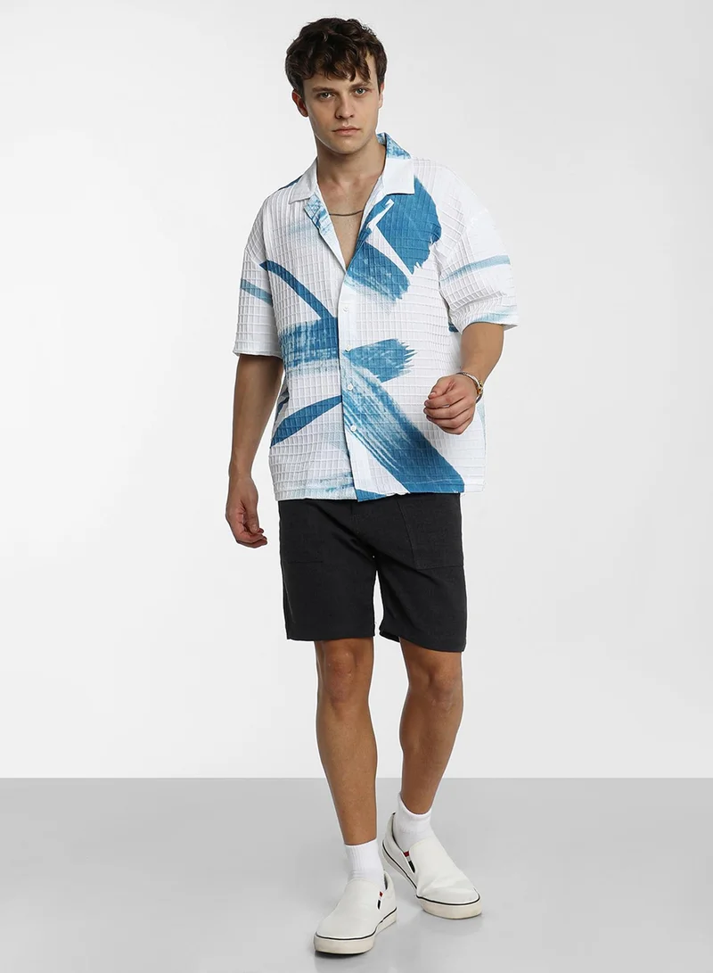 Campus Sutra Men's Sky Blue Chalk White Stroked Waffle Oversized Shirt