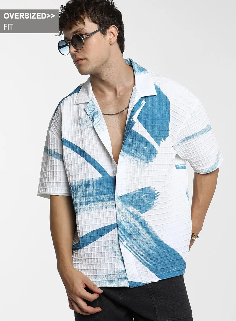 Campus Sutra Men's Sky Blue Chalk White Stroked Waffle Oversized Shirt