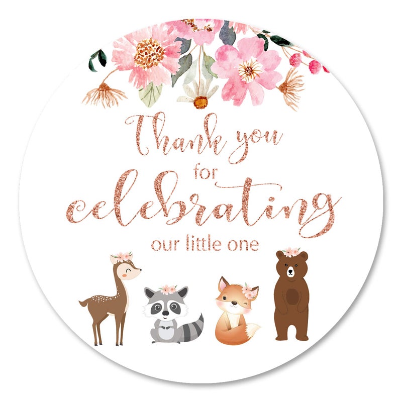 MAGJUCHE Pink Woodland Animals Thank You Stickers, Floral Girl Baby Shower Or Birthday Party Favor Labels, Seals - Image 1