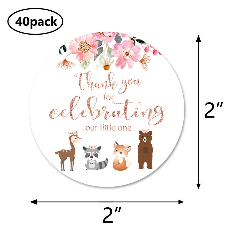MAGJUCHE Pink Woodland Animals Thank You Stickers, Floral Girl Baby Shower Or Birthday Party Favor Labels, Seals - Image 4