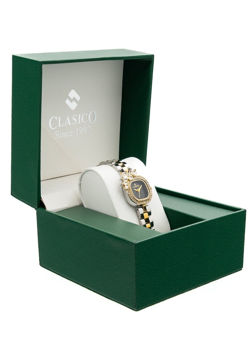 Clasico ✨ Chic Women’s Two-Tone Analog Watch – Crystal Leaf Design | Gold & Silver Bracelet | Stylish Square Dial - Image 5