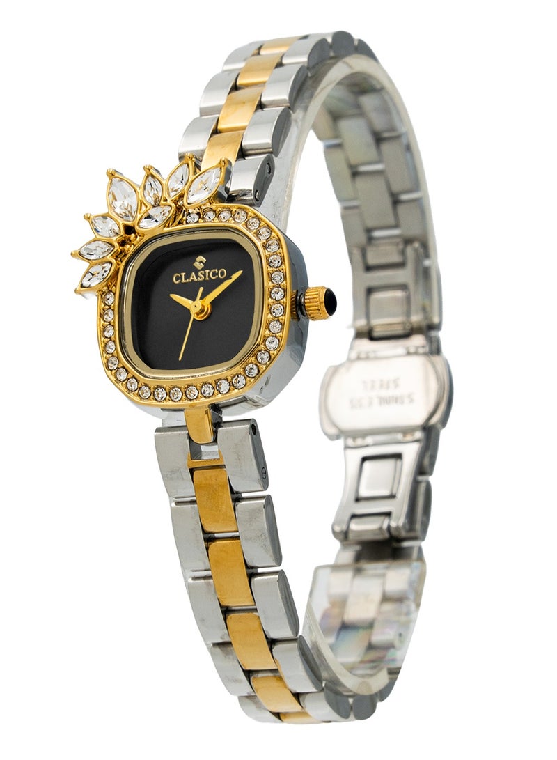 Clasico ✨ Chic Women’s Two-Tone Analog Watch – Crystal Leaf Design | Gold & Silver Bracelet | Stylish Square Dial - Image 2