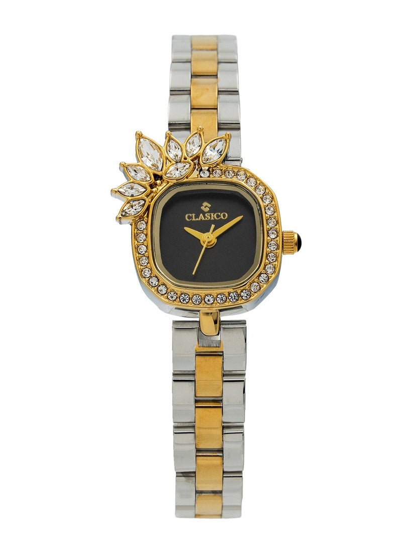 Clasico ✨ Chic Women’s Two-Tone Analog Watch – Crystal Leaf Design | Gold & Silver Bracelet | Stylish Square Dial - Image 1