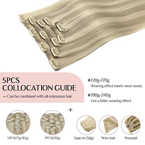 MAXITA Hair Extensions Clip in Human Hair, 80g 5pcs Ash Blonde Highlighted Platinum Blonde 18 Inch, Clip in Real Human Hair Remy Hair Extensions Straight Hair for Woman - Image 5