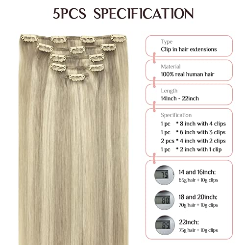 MAXITA Hair Extensions Clip in Human Hair, 80g 5pcs Ash Blonde Highlighted Platinum Blonde 18 Inch, Clip in Real Human Hair Remy Hair Extensions Straight Hair for Woman - Image 2