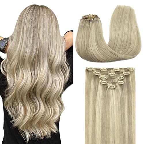 MAXITA Hair Extensions Clip in Human Hair, 80g 5pcs Ash Blonde Highlighted Platinum Blonde 18 Inch, Clip in Real Human Hair Remy Hair Extensions Straight Hair for Woman - Image 1