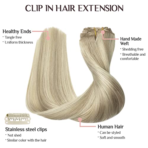 MAXITA Hair Extensions Clip in Human Hair, 80g 5pcs Ash Blonde Highlighted Platinum Blonde 18 Inch, Clip in Real Human Hair Remy Hair Extensions Straight Hair for Woman - Image 3