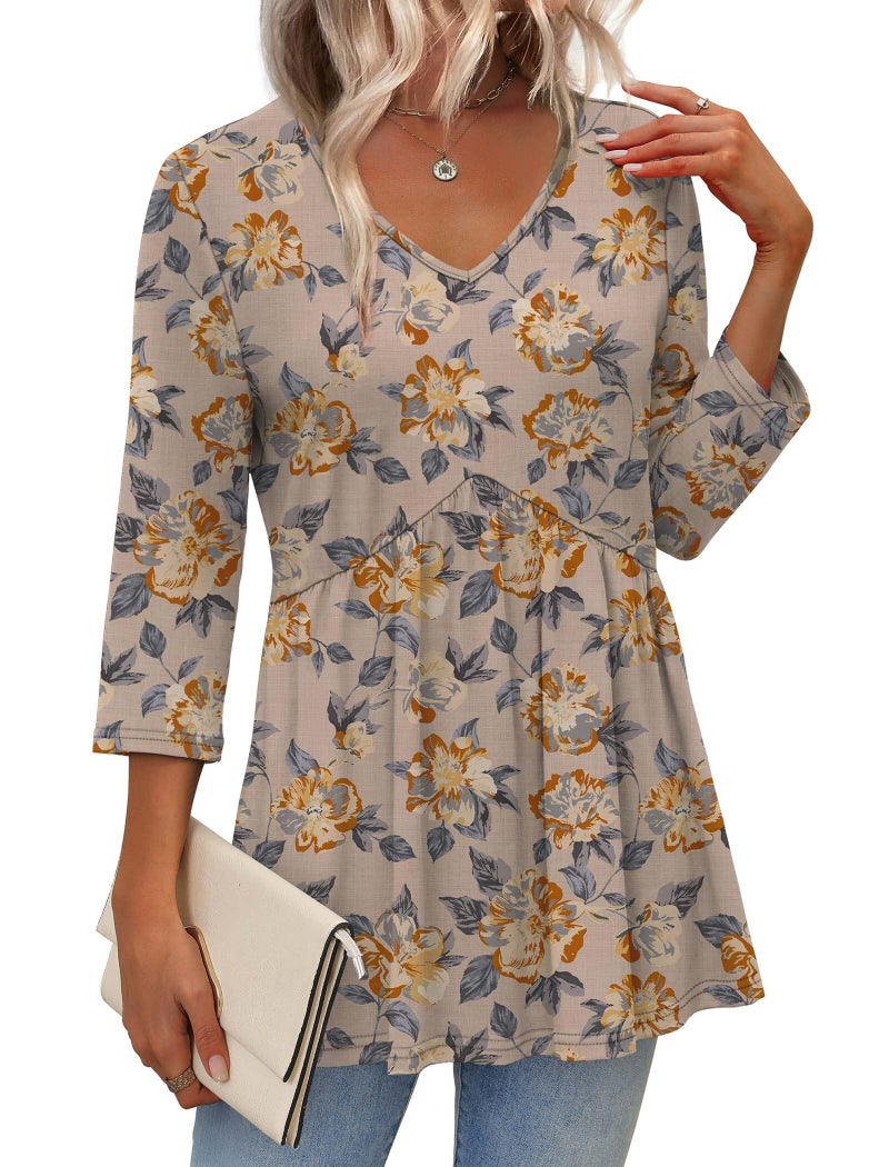 OFEEFAN Boho Tops for Women 3/4 Length Sleeve Womens Tops Blouses for Women Dressy Casual Fall Fashion Must Have Beach Vacation Babydoll Top Yellow Brown Floral L - Image 2