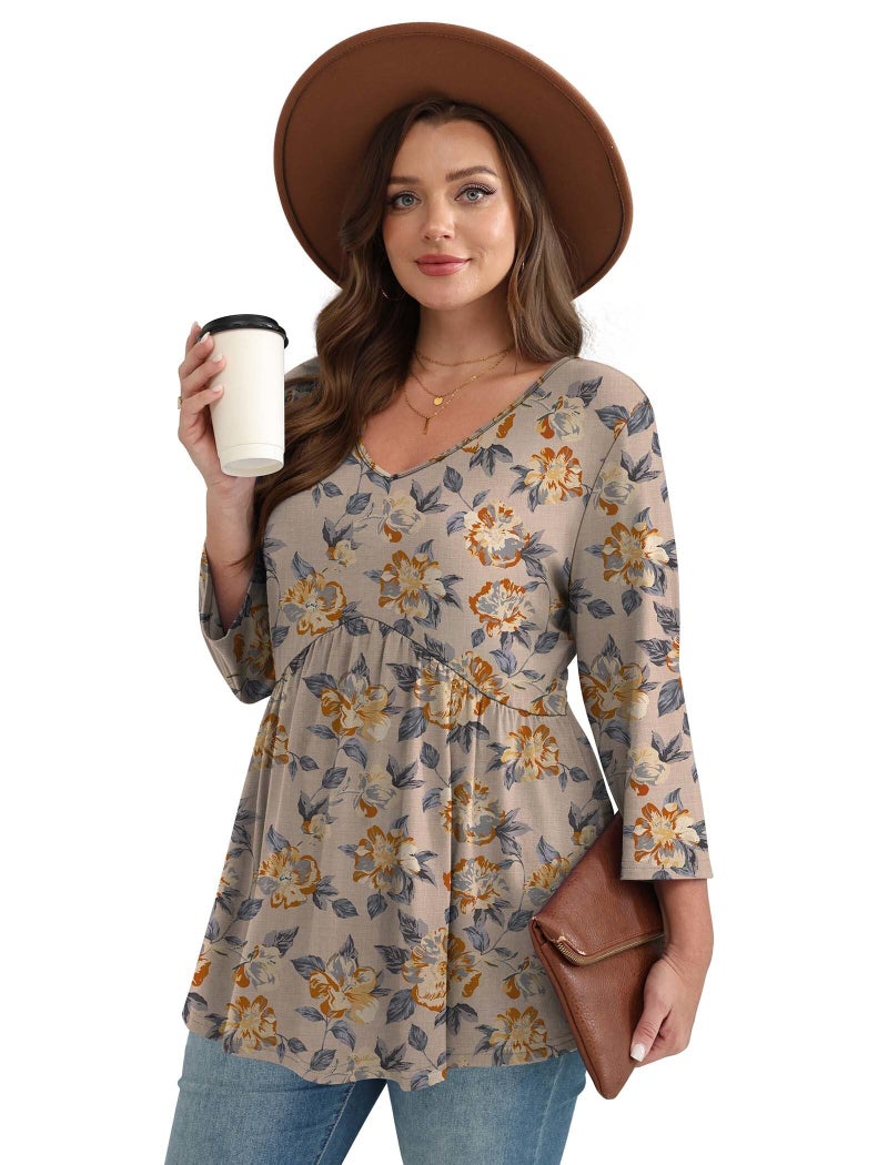OFEEFAN Boho Tops for Women 3/4 Length Sleeve Womens Tops Blouses for Women Dressy Casual Fall Fashion Must Have Beach Vacation Babydoll Top Yellow Brown Floral L - Image 3