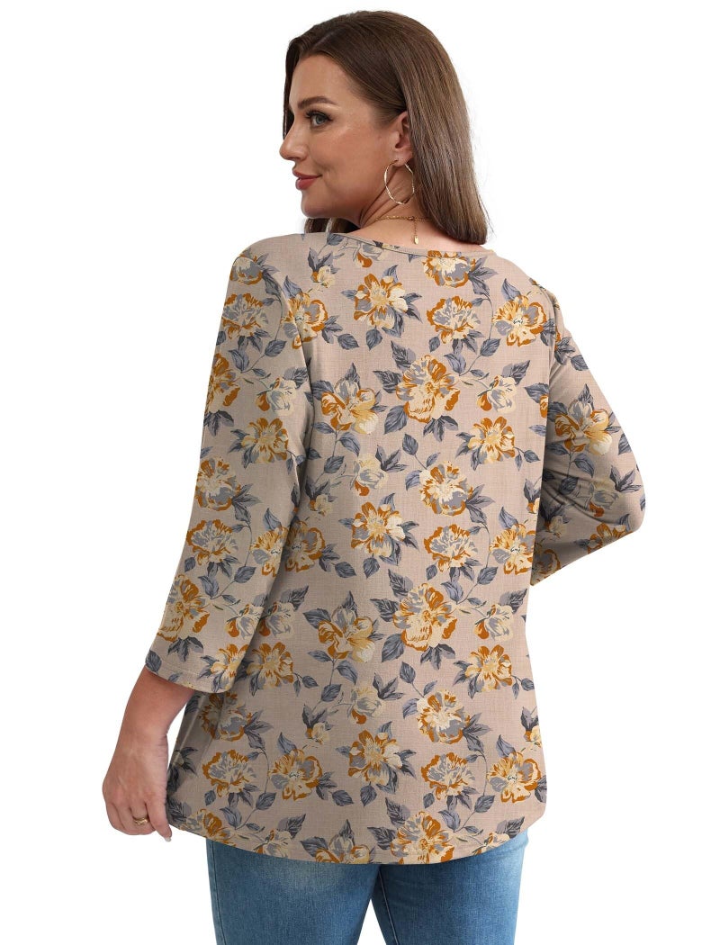 OFEEFAN Boho Tops for Women 3/4 Length Sleeve Womens Tops Blouses for Women Dressy Casual Fall Fashion Must Have Beach Vacation Babydoll Top Yellow Brown Floral L - Image 5