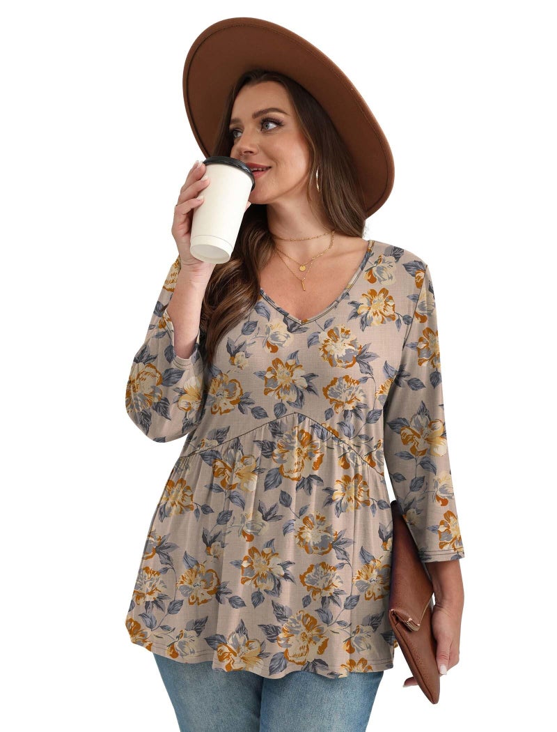 OFEEFAN Boho Tops for Women 3/4 Length Sleeve Womens Tops Blouses for Women Dressy Casual Fall Fashion Must Have Beach Vacation Babydoll Top Yellow Brown Floral L - Image 4