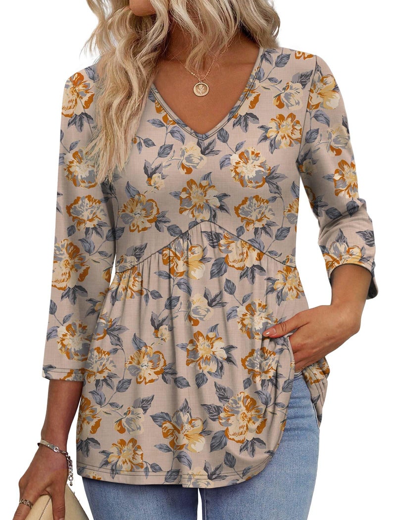 OFEEFAN Boho Tops for Women 3/4 Length Sleeve Womens Tops Blouses for Women Dressy Casual Fall Fashion Must Have Beach Vacation Babydoll Top Yellow Brown Floral L - Image 1