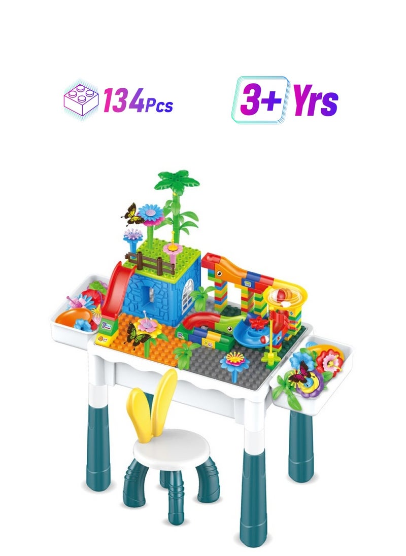 Kids Activity Table Set,with two storage box，one chair and 134pcs villa building blocks, Water Table, Sand Table and Building Blocks Table for Toddlers Activity，Available in several sizes  - Image 1