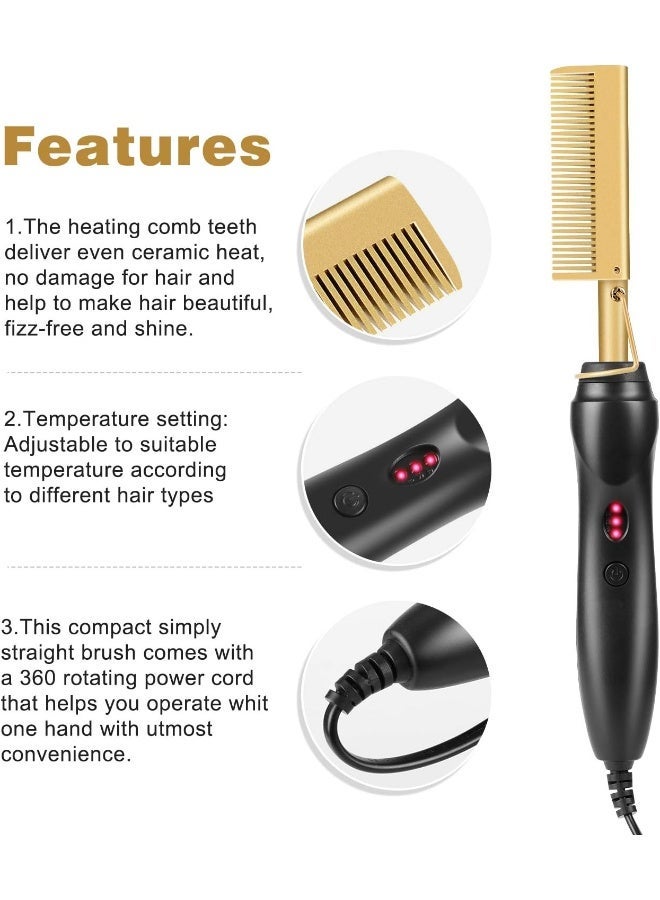 JAJEEK A-LHT Gold Plated Heated Styling Comb Electric Hot Straightening Heat Comb Ceramic Curling Flat Iron Curler Designed Hair Straightener for Natural Black Hair, Wigs - Image 4