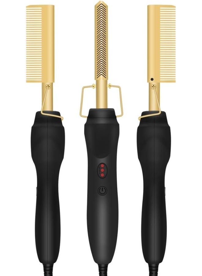 JAJEEK A-LHT Gold Plated Heated Styling Comb Electric Hot Straightening Heat Comb Ceramic Curling Flat Iron Curler Designed Hair Straightener for Natural Black Hair, Wigs - Image 1