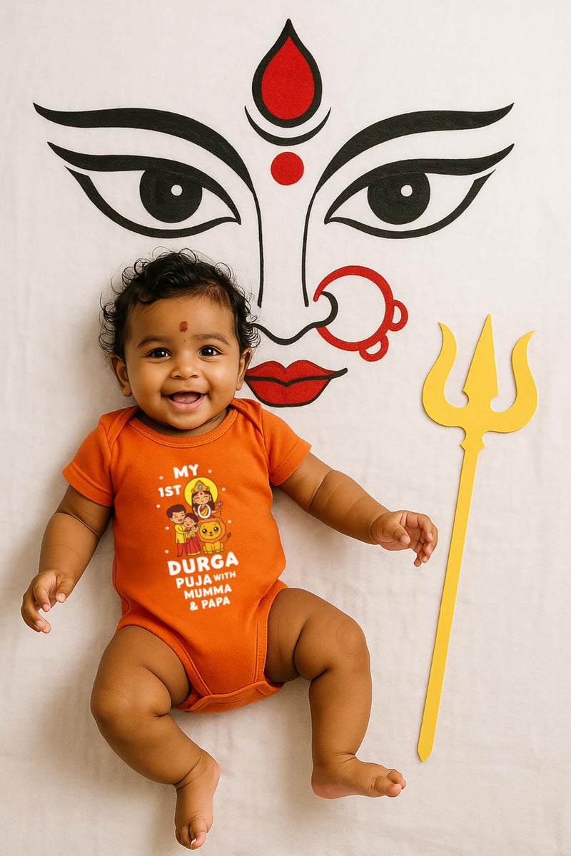 Baby Buzz My First Durga Puja With Mumma & Papa Newborn Baby Dress| Durga Puja Special Romper For Boy Girl | 100% Cotton Clothes Bodysuit 0-3 Months - Image 2