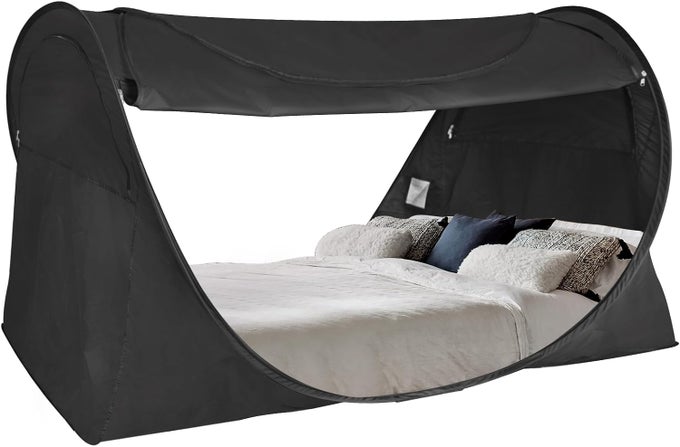 POP UP BED CANOPY QUEEN SIZE NO ASSEMBLY BLACKOUT AND BREATHABLE MESH SLEEPING LIGHTWEIGHT PORTABLE DREAM TENT WITH CARRY BAG BLACK