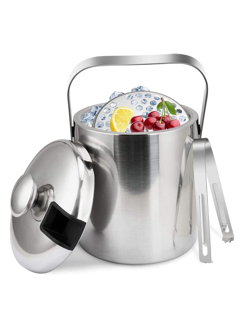 Relex Stainless Steel 1.3L Ice Bucket with Lid & Tongs[1.3 Liter], Insulated Cooler with Built-in Strainer for Ice Storage, Portable Handle for Beverages, Juice, Soft Drinks & Food Chilling (Silver) - Image 1