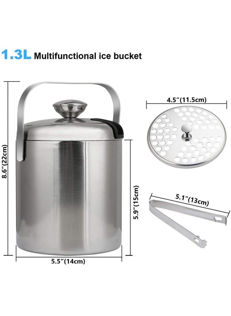 Relex Stainless Steel 1.3L Ice Bucket with Lid & Tongs[1.3 Liter], Insulated Cooler with Built-in Strainer for Ice Storage, Portable Handle for Beverages, Juice, Soft Drinks & Food Chilling (Silver) - Image 4