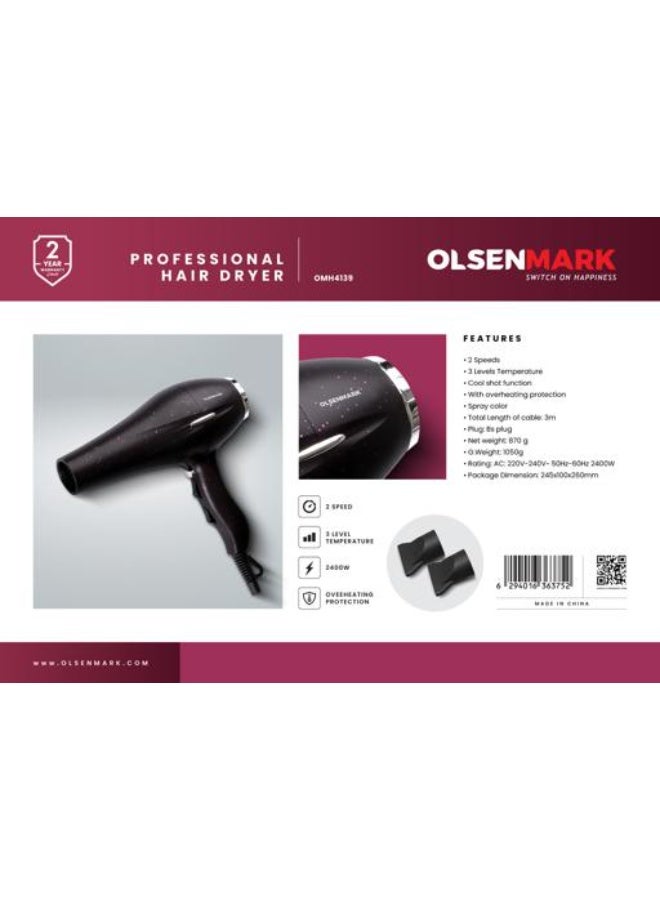 Olsenmark 2400W Professional Hair Dryer – OMH4139, 2 Speeds, 3 Temperature Levels, Overheating Protection, Salon & Home Use, Black - Image 2
