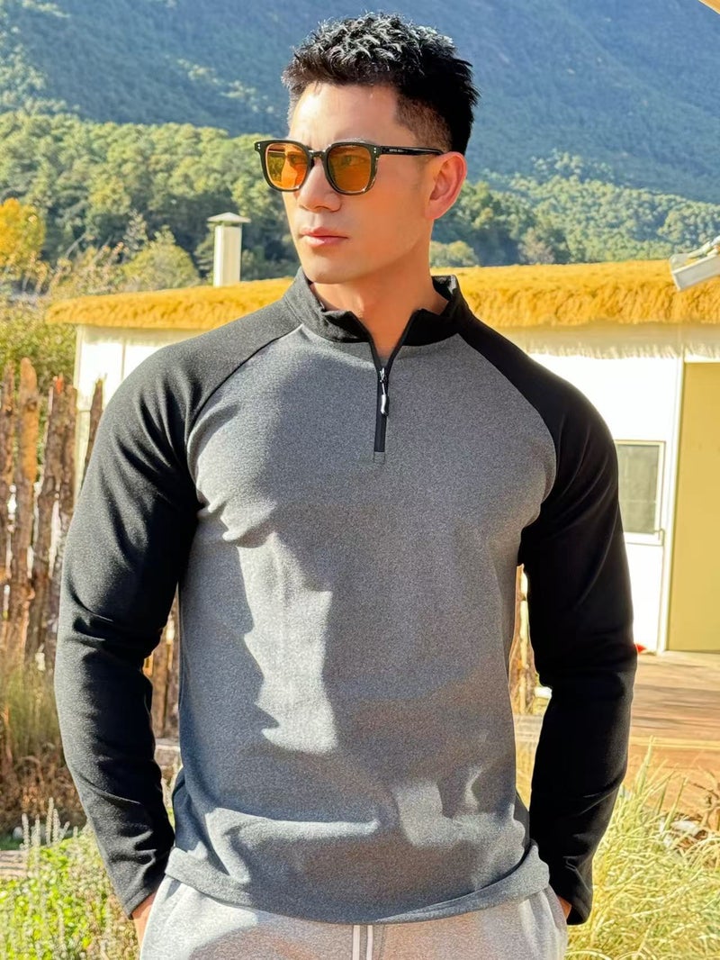 Muscle Men'S American Style Color-Matching Velvet Warm Long Sleeve Base Sports Fitness Elastic Slim Seamless Half Zipper - Image 3