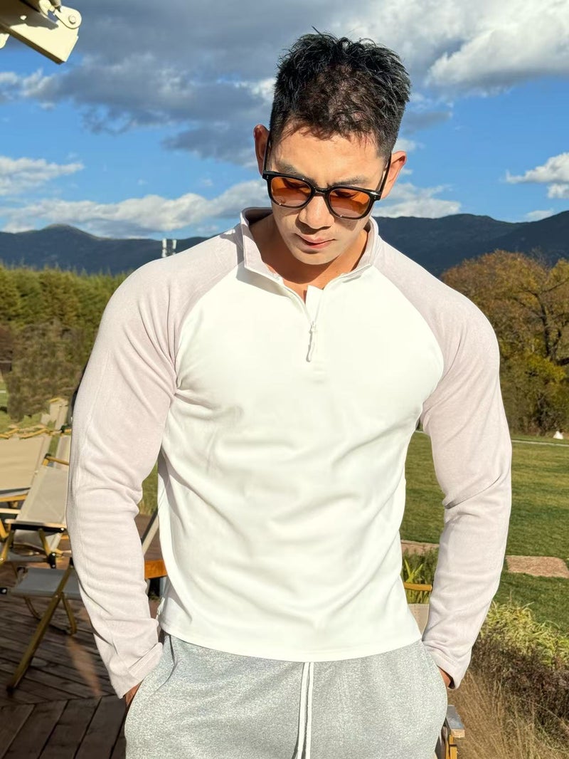 Muscle Men'S American Style Color-Matching Velvet Warm Long Sleeve Base Sports Fitness Elastic Slim Seamless Half Zipper - Image 2