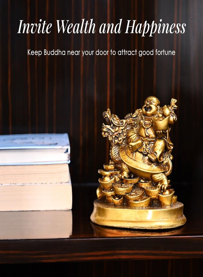 HindCraft Laughing Buddha on Dragon with Ingot for Home Decor | Feng Shui Wealth & Good Luck Idol | Golden Buddha Showpiece for Living Room, Office Desk & Cash Counter | Vastu Gift Item - Image 4
