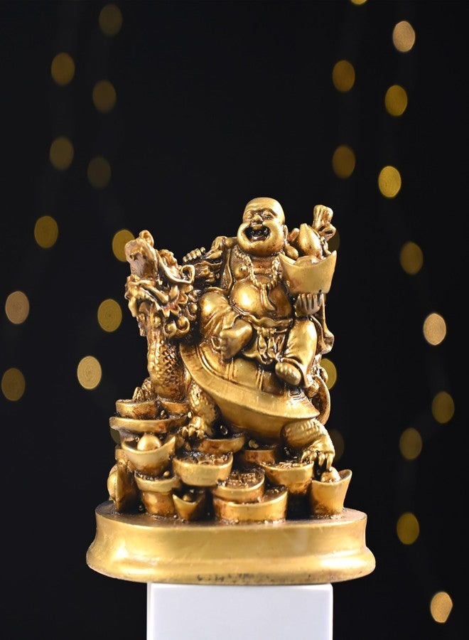 HindCraft Laughing Buddha on Dragon with Ingot for Home Decor | Feng Shui Wealth & Good Luck Idol | Golden Buddha Showpiece for Living Room, Office Desk & Cash Counter | Vastu Gift Item - Image 1