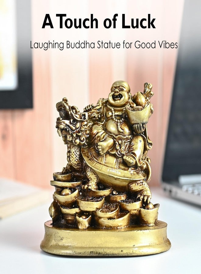 HindCraft Laughing Buddha on Dragon with Ingot for Home Decor | Feng Shui Wealth & Good Luck Idol | Golden Buddha Showpiece for Living Room, Office Desk & Cash Counter | Vastu Gift Item - Image 3