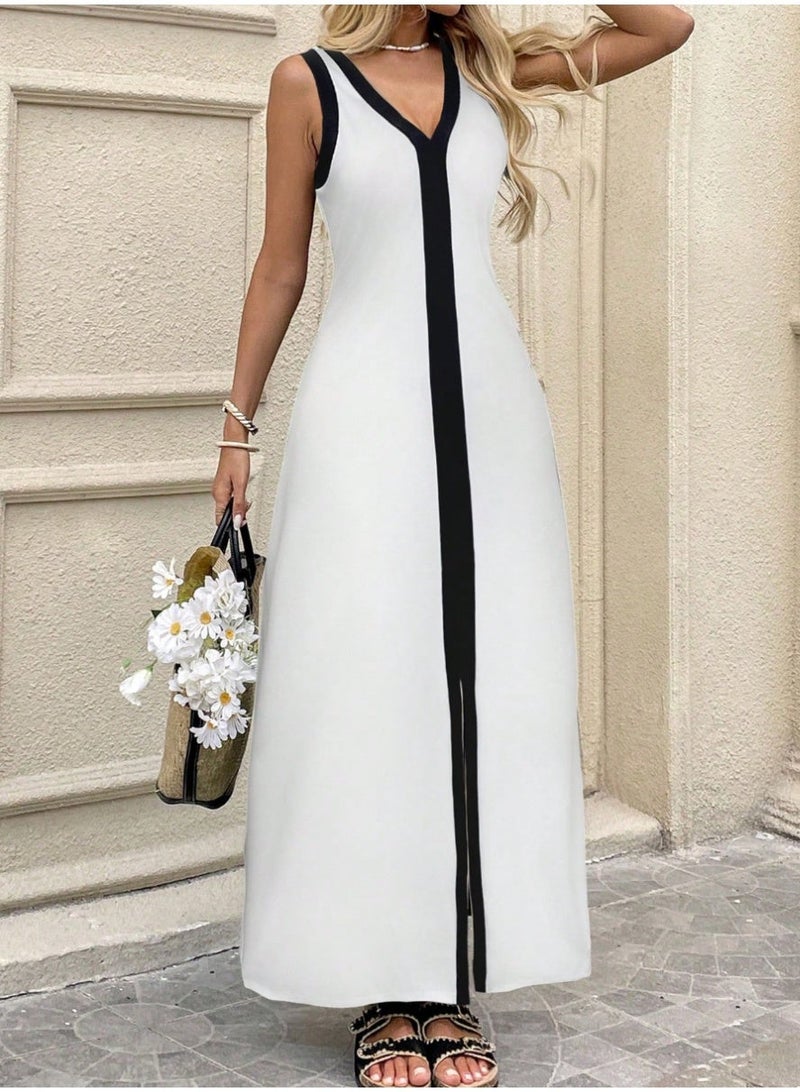 SHEIN  Women's Long Dress With Front Slit, V-Neck, Low Cut, Fitted Waistline, Asymmetric Collar, Sleeveless, Maxi Length High Slit Maxi Dress Summer Maxi Dress - Image 4