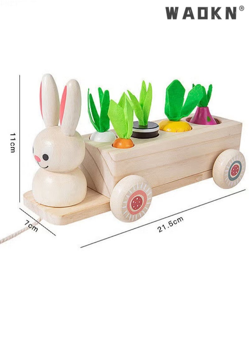 WAOKN Toddlers Montessori Wooden Educational Toys for Baby Boys Girls,Wooden Rabbit Pull Cart Farm Toy with Removeable Vegetables for Toddlers,Kids Montessori Easter Bunny Shape Sorting Car(Vegetable)  - Image 3