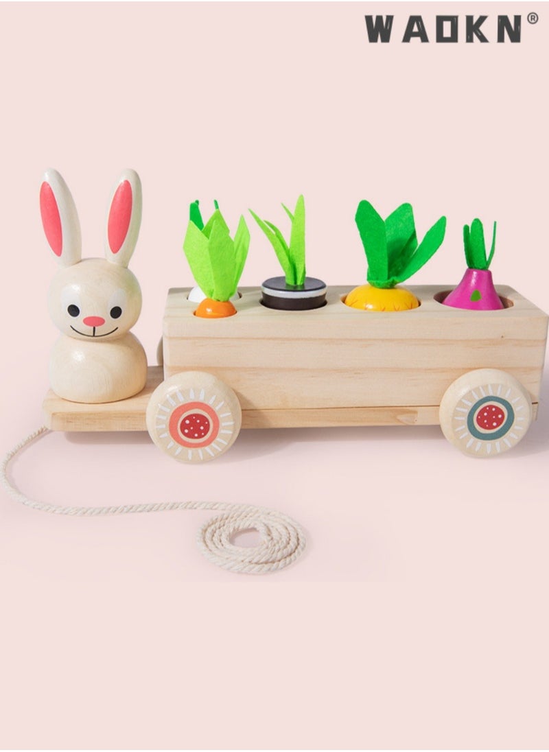 WAOKN Toddlers Montessori Wooden Educational Toys for Baby Boys Girls,Wooden Rabbit Pull Cart Farm Toy with Removeable Vegetables for Toddlers,Kids Montessori Easter Bunny Shape Sorting Car(Vegetable)  - Image 4