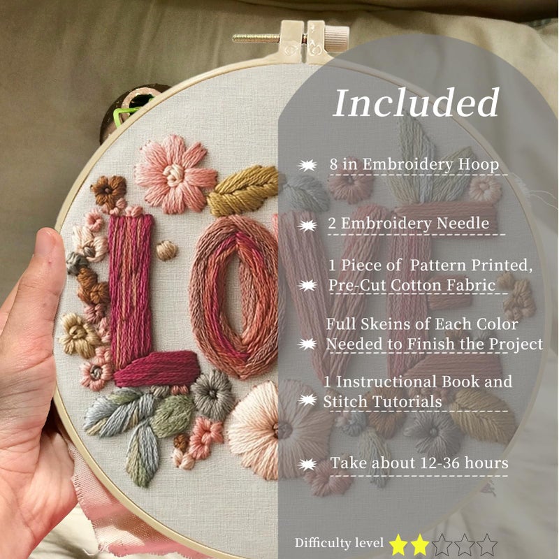 FONNUY I Love You Embroidery Kit for Beginners, Pre-Stamped Pattern Kits Gifts for Her Him, Romantic Anniversary for Women Men, Valentine's Day Gifts Thread Needlework, 8'' Hoop (Love 01) - Image 2