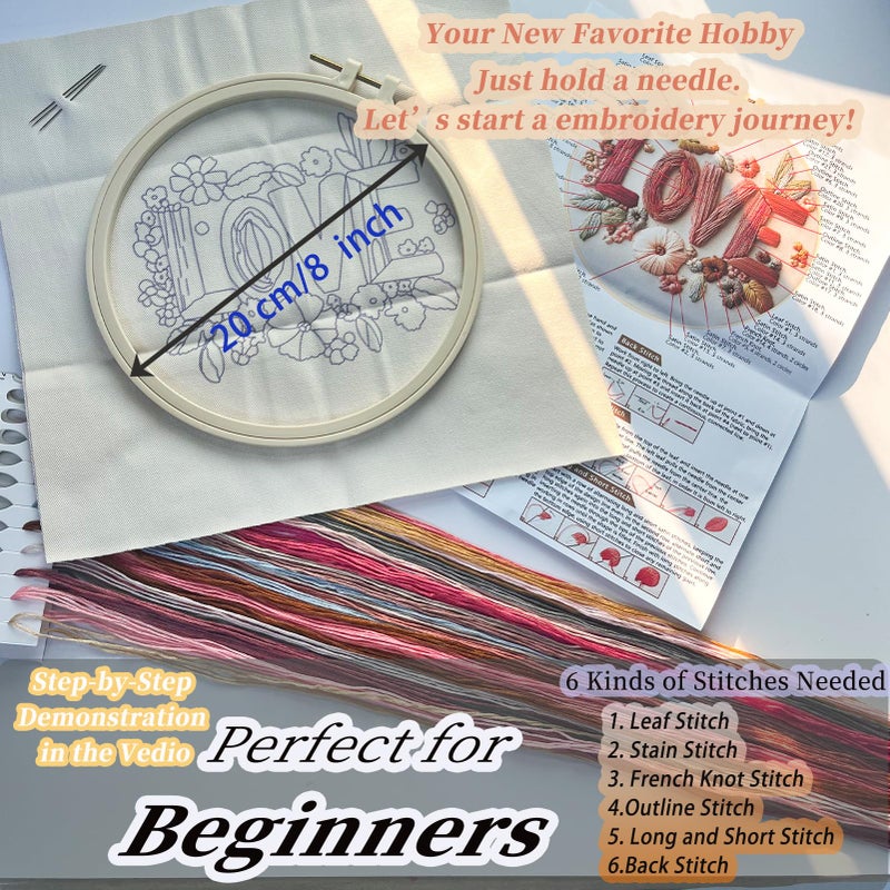 FONNUY I Love You Embroidery Kit for Beginners, Pre-Stamped Pattern Kits Gifts for Her Him, Romantic Anniversary for Women Men, Valentine's Day Gifts Thread Needlework, 8'' Hoop (Love 01) - Image 5