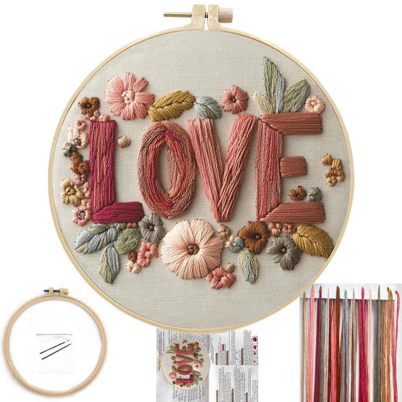 FONNUY I Love You Embroidery Kit for Beginners, Pre-Stamped Pattern Kits Gifts for Her Him, Romantic Anniversary for Women Men, Valentine's Day Gifts Thread Needlework, 8'' Hoop (Love 01) - Image 1