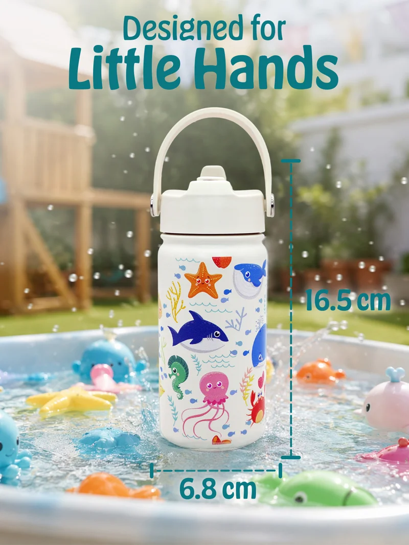 Babies Basic Babies Basic Kids Stainless Steel Water Bottle with Straw - 400ml – Double Wall Vacuum Insulated, Leakproof Thermal Flask, BPA-Free, Reusable Drinking Bottle for School & Travel - Ocean Themed - Off White