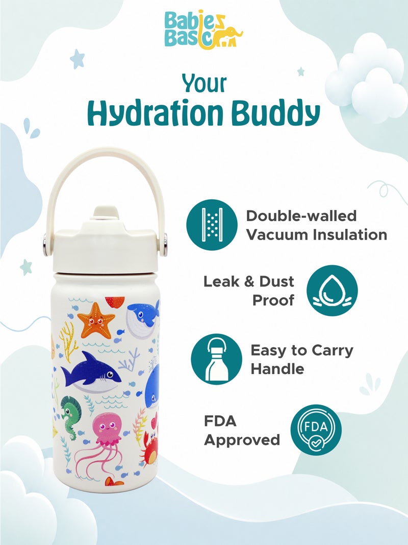 Babies Basic Kids Stainless Steel Water Bottle with Straw - 400ml – Double Wall Vacuum Insulated, Leakproof Thermal Flask, BPA-Free, Reusable Drinking Bottle for School & Travel - Ocean Themed - Off White - Image 5