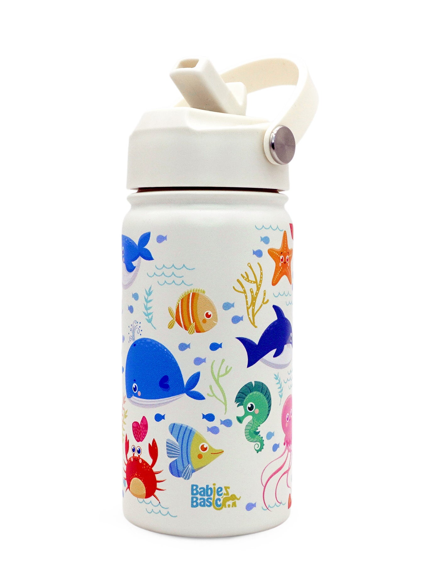 Babies Basic Kids Stainless Steel Water Bottle with Straw - 400ml – Double Wall Vacuum Insulated, Leakproof Thermal Flask, BPA-Free, Reusable Drinking Bottle for School & Travel - Ocean Themed - Off W