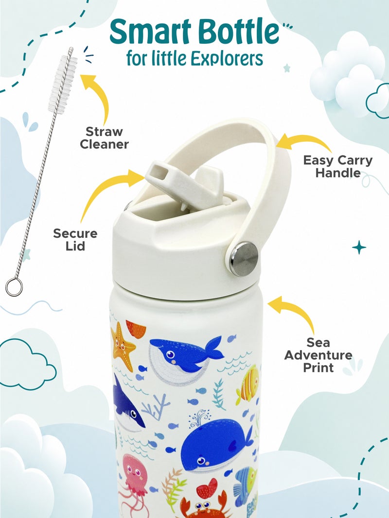 Babies Basic Kids Stainless Steel Water Bottle with Straw - 400ml – Double Wall Vacuum Insulated, Leakproof Thermal Flask, BPA-Free, Reusable Drinking Bottle for School & Travel - Ocean Themed - Off White - Image 4