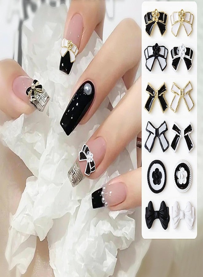 Vezocim Bow-Knot Nail Art Decorations, Alloy Butterfly Nail Glitter Designs 12Pcs Black White Metal Bow Nail Rivet Rhinestone for Women Girls Manicure Tips Decoration - Image 1