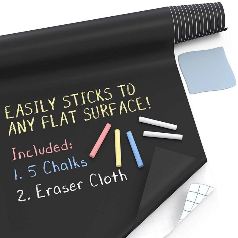 Black Chalkboard Sticker, Flexible Cuttable PVC Roll with 5 Colored Chalk and Wipe Cloth, for Walls and Various Surfaces