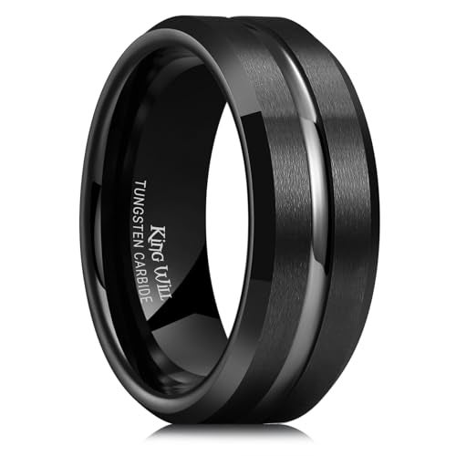 King Will Tungsten Carbide Wedding Band for Men Women-8mm Width in Black with Grooved Center Wedding Ring Suitable Suitable for Work, Gym Comfort Fit Size 7 - Image 1