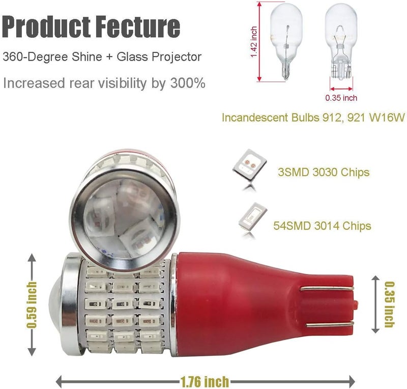 iBrightstar 912 921 LED Bulb for Tail 3rd High Mount Brake Lights - Brilliant Red - Image 3