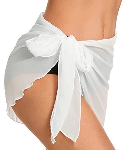CHICGAL Swimsuit Coverups for Women Sarong Beach Bikini Wrap Sheer Short Skirt Chiffon Scarf for Swimwear (White,S) - Image 5