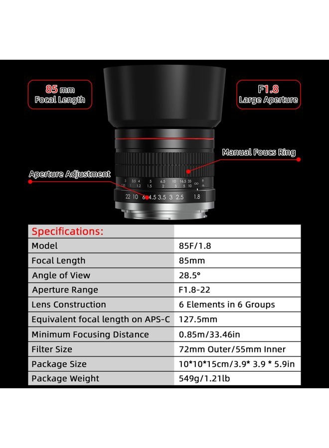 Lightdow F 85mm f1.8 Portrait Lens - MF compatible with Nikon D850/D750/D500/D7500/D610/D5600/D7200/D7000/D3500/D3400/D3300/D3200/D3100/D5/D6/D810//D7100/D5300/D5100/D800-DSLR Cameras Lenses(F-Mount) - Image 2