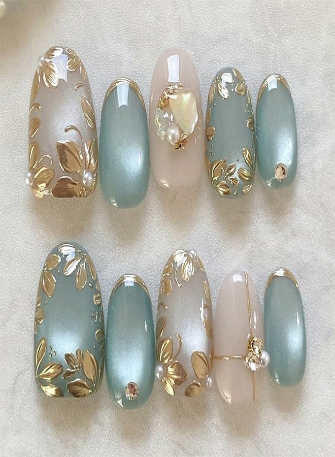 QQPPOLIU Medium Press on Nails Almond Fake Nails with Design Fall Glue on Nails for Women and Girls Pattern 04 - Image 1