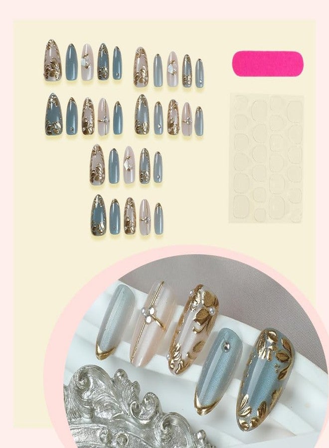 QQPPOLIU Medium Press on Nails Almond Fake Nails with Design Fall Glue on Nails for Women and Girls Pattern 04 - Image 3