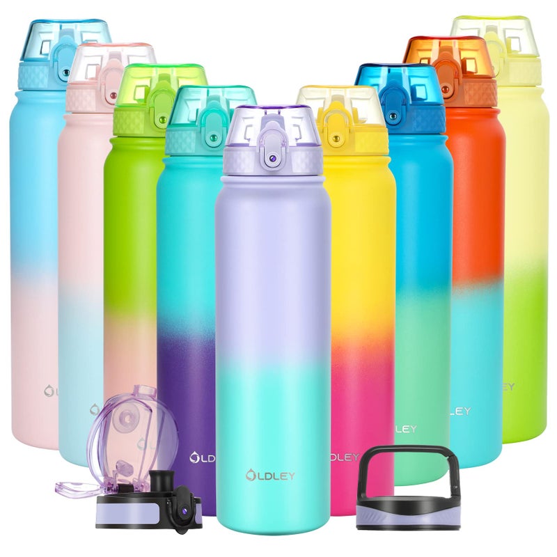 Oldley Insulated Water Bottle with Straw 32oz Stainless Steel Water Bottles with 3 lids DoubleWall Vacuum Thermal for Kids Adults School Sports Purple green