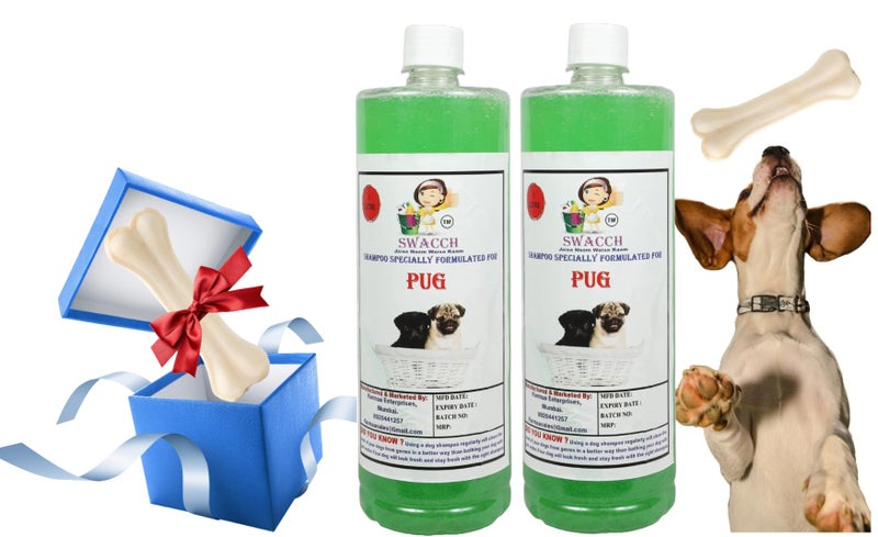 swacch Shampoo | Puppy Safe Shampoo | Pug Dog Shampoo (1 Litre) (Pack of 2) Neem Alovera + Medium White Bone | Dog Chew Bones | Teething chew Toy | Dental Teething |Combo Pack - Image 1